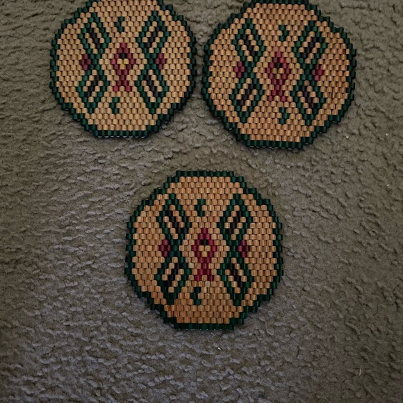 Vintage Set Of 3 Wooden Beaded Geometric Patterned Trivets For Hot Cookware 6in - Picture 7 of 8